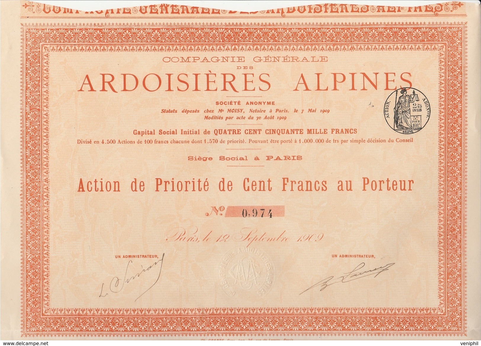 ACTION DE PRIORITE DE CENT FRANCS DIVISE EN 1570 ACTIONS  - ARDOISIERES ALPINES  - ANNEE 1909- - Mineral