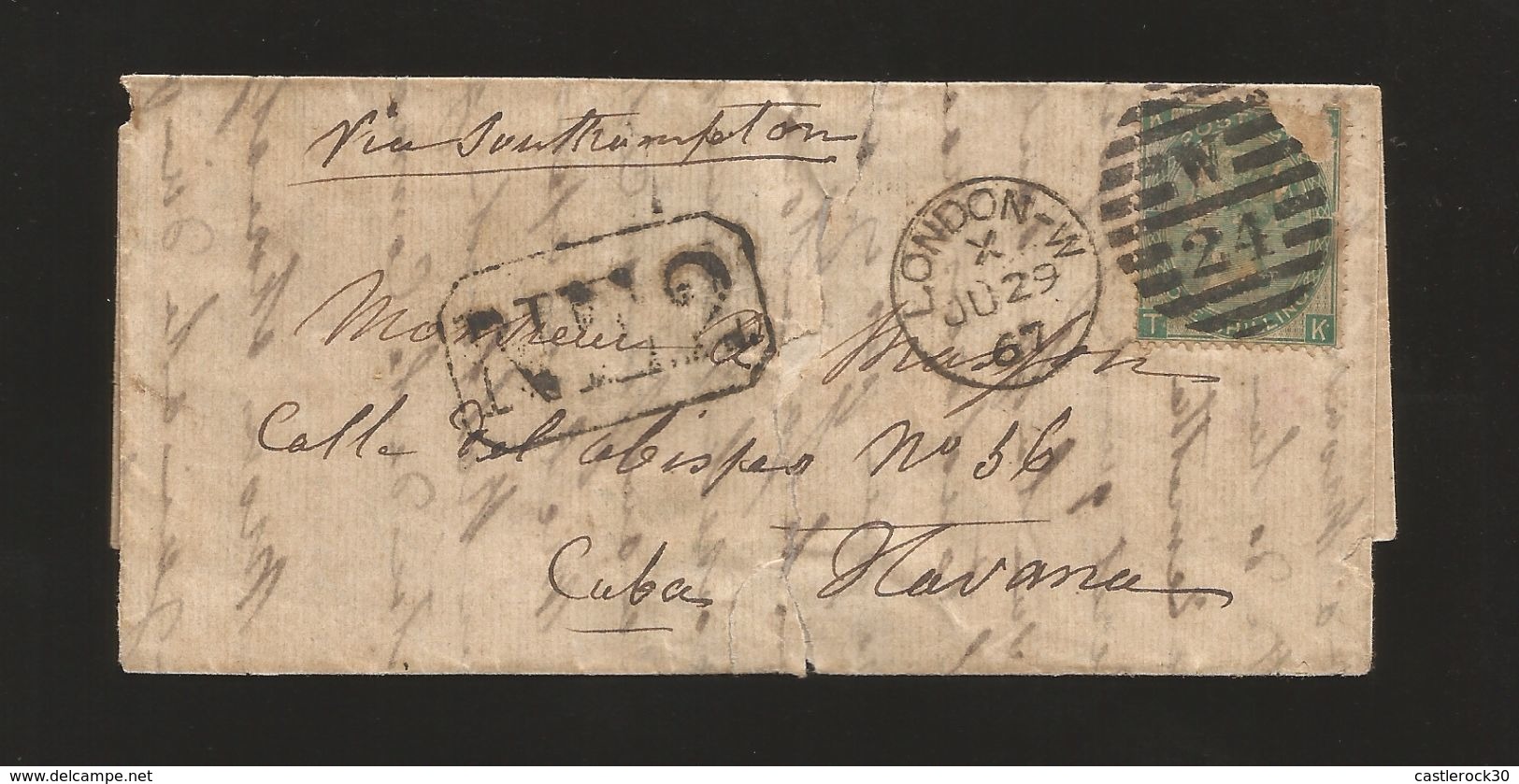 E) 1887 GREAT BRITAIN,  BLACK MARK, NE2, COMPLETE LETTER COVER FROM LONDON TO CARIBE, RARE DESTINATION - Covers & Documents