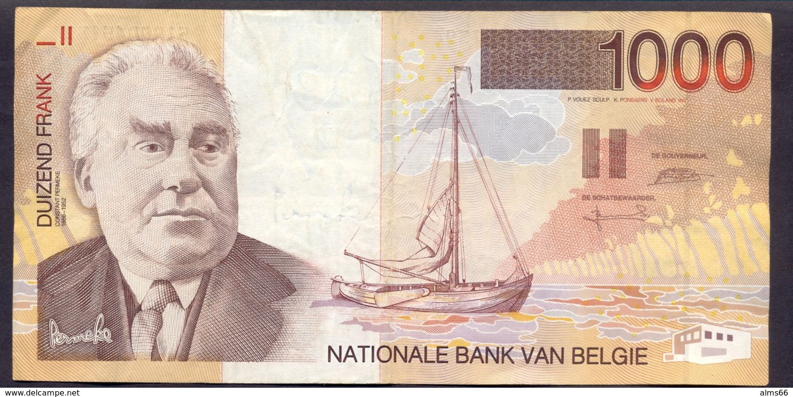 Belgium 1000 Francs 1997 VF Cat No - 150 - Constant Permeke, Sailing Boat - 1000 Francs