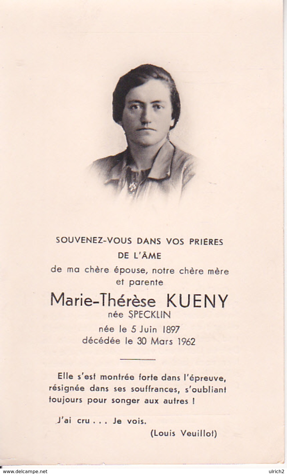 Partezettel Parte - Marie-Thérès Kueny Née Specklin- 1962 - 7*12cm (29441) - Todesanzeige