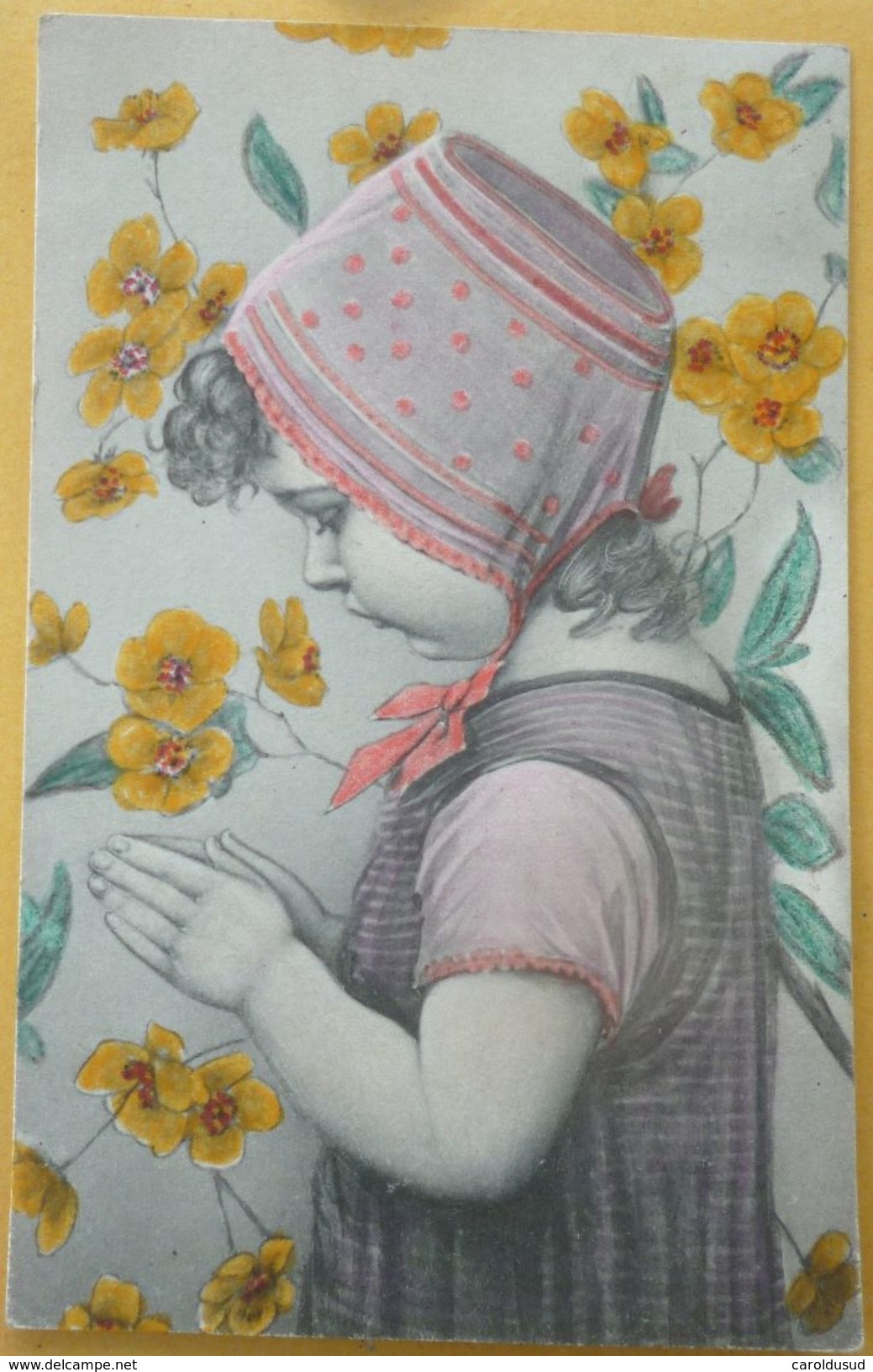 Lot 4x Litho DESSIN Illustrateur ESW SERIE 112 SCHWEIGER ? PORTRAIT Fille Fillette MAINS JOINTES EN PRIERE DECOR FLEURS - Avant 1900