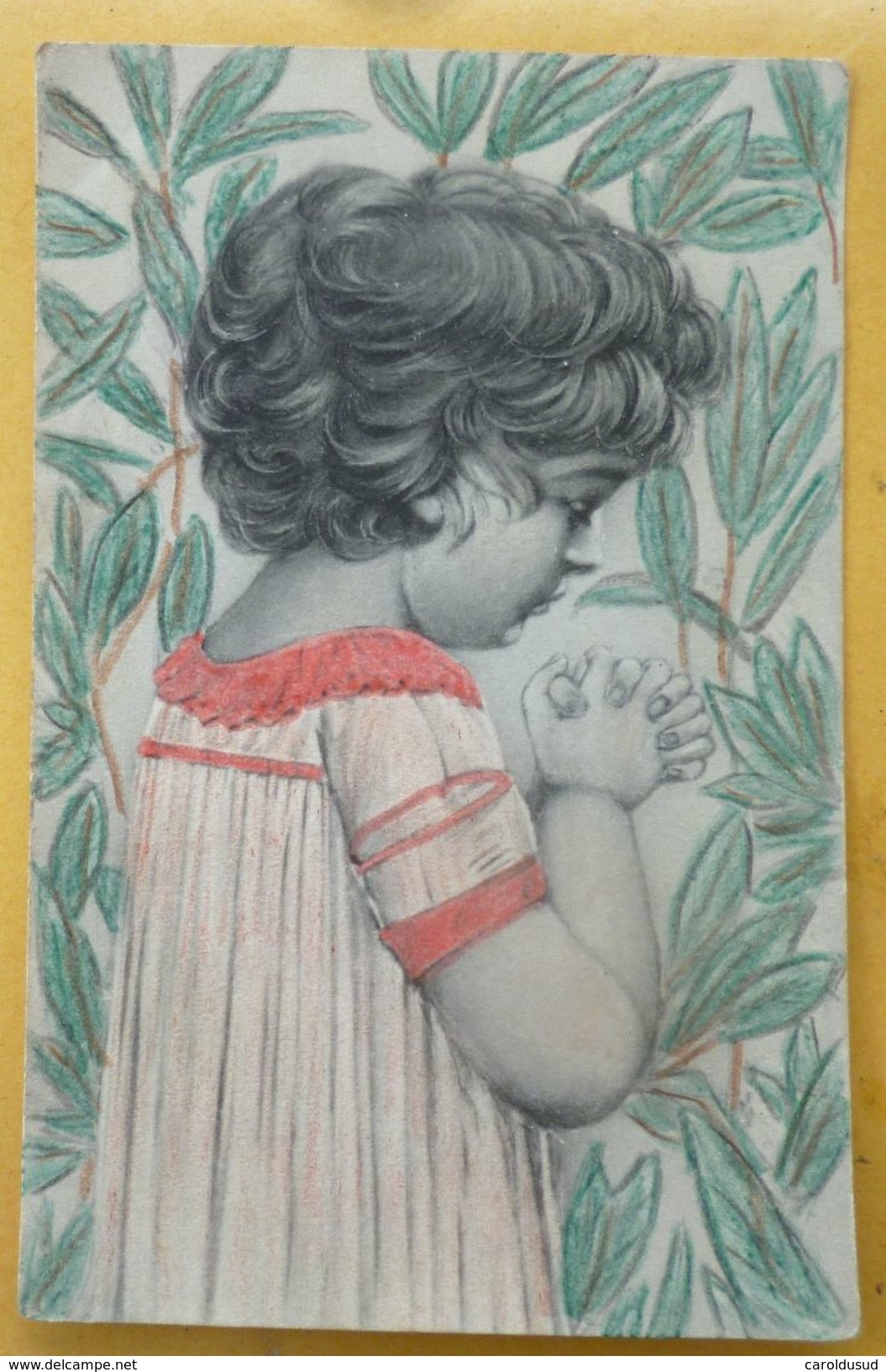 Lot 4x Litho DESSIN Illustrateur ESW SERIE 112 SCHWEIGER ? PORTRAIT Fille Fillette MAINS JOINTES EN PRIERE DECOR FLEURS - Voor 1900