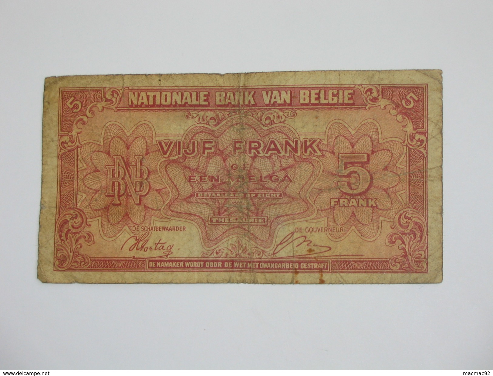 5 Francs - VYF FRANK - Banque Nationale De Belgique - 1943  **** EN ACHAT IMMEDIAT **** - 5 Franchi