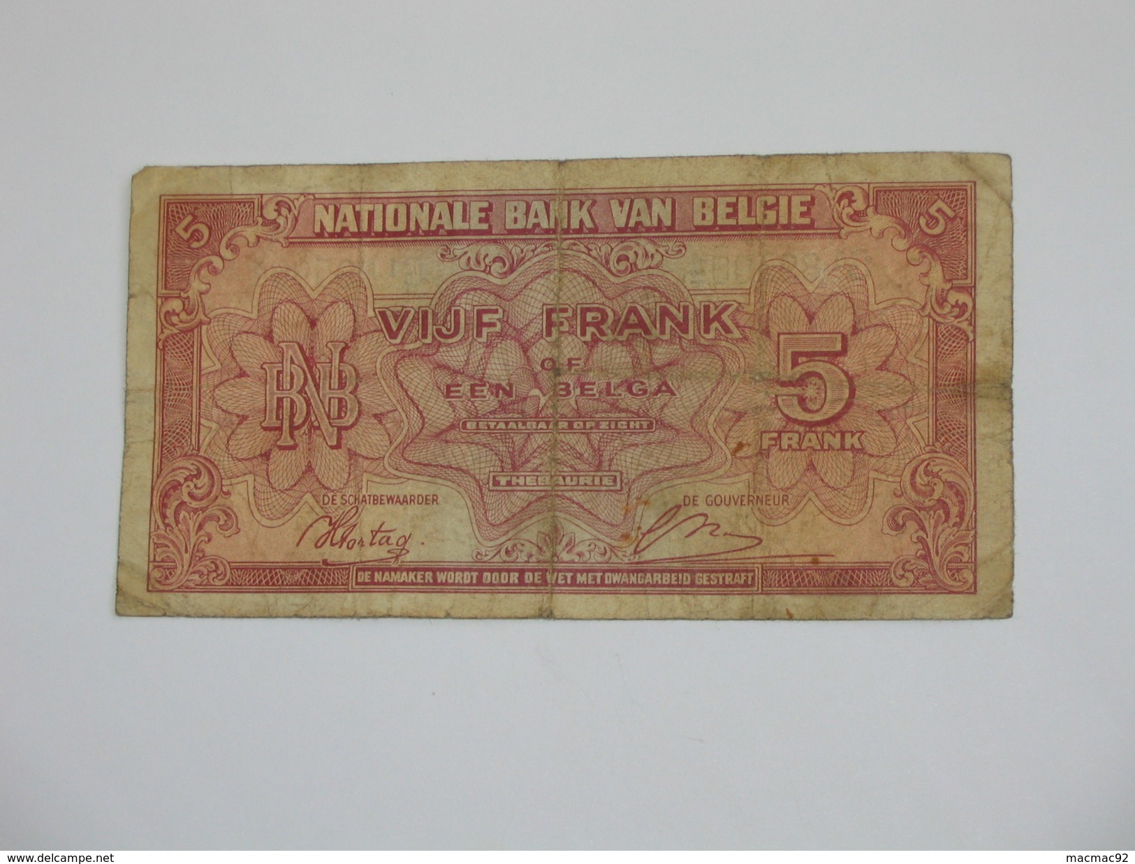 5 Francs - VYF FRANK - Banque Nationale De Belgique - 1943  **** EN ACHAT IMMEDIAT **** - 5 Franchi