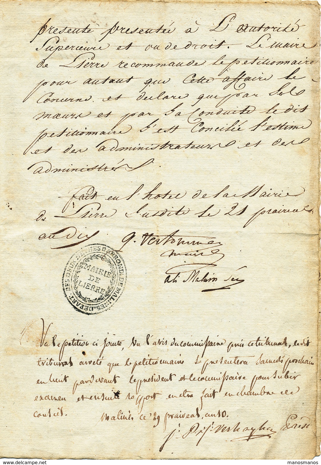 374/25 - Document Sur Papier Fiscal An 10 - Pétition Au Maire De LIERRE Vertommen - TB Cachet De La Mairie De LIERRE - 1794-1814 (Période Française)