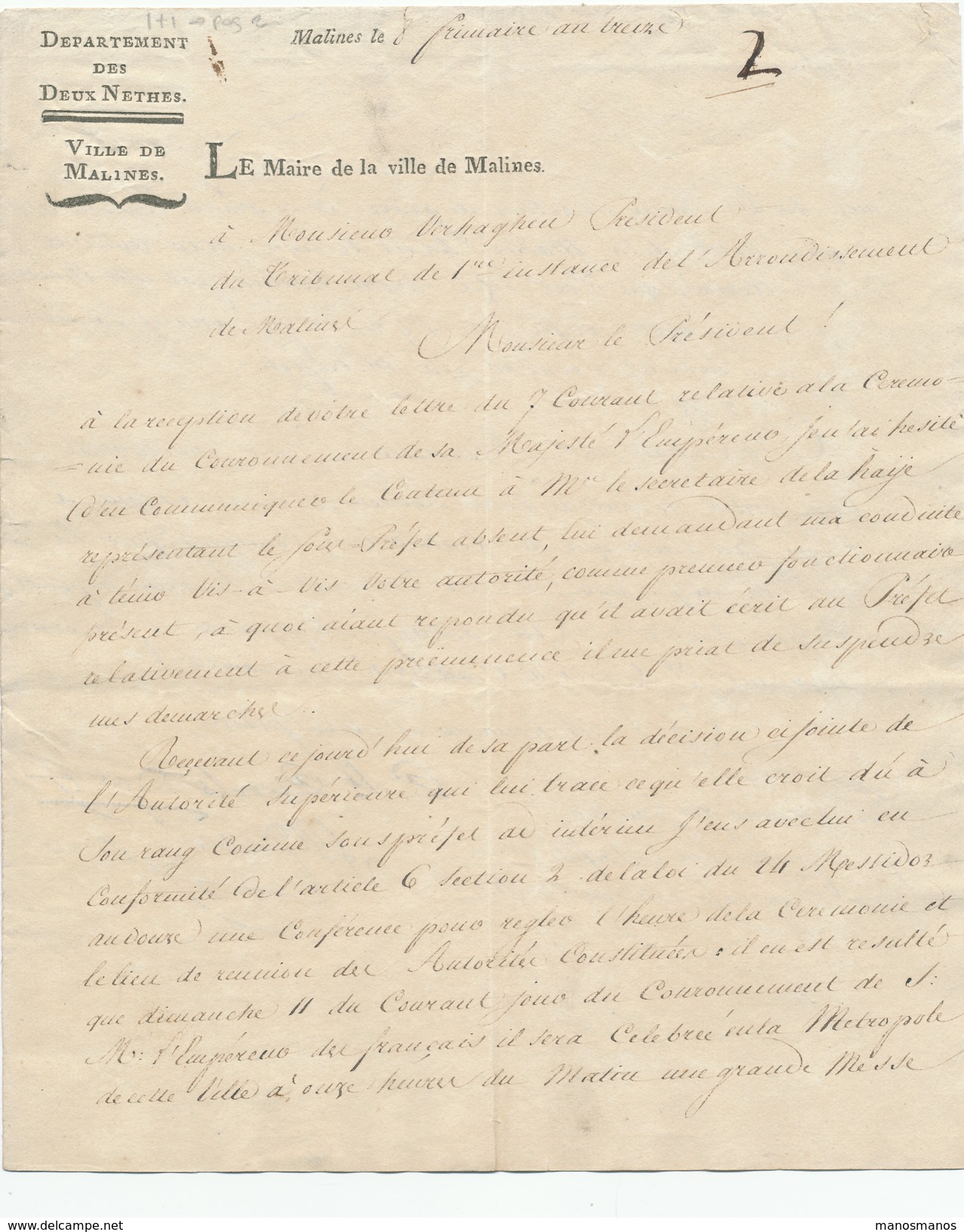 376/25 - Document Imprimé Le Maire De La Ville De MALINES - An 13 - Cérémonie Pour Couronnement De L' Empereur - 1794-1814 (Période Française)