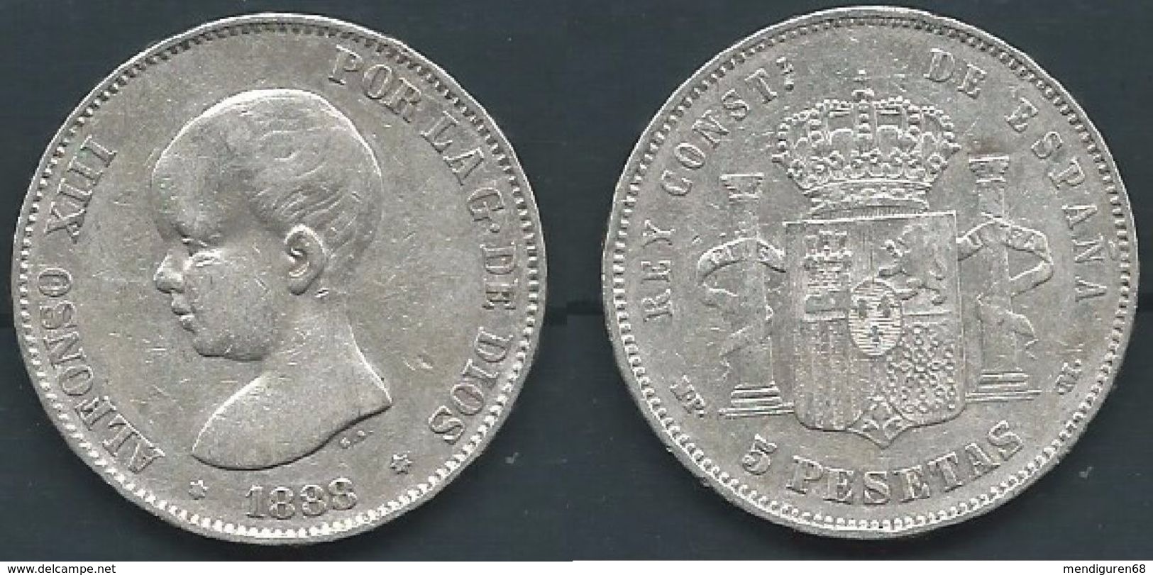 ESPAGNA SPANIEN SPAIN ESPAÑA 1888 MPM ALFONSO XIII 5 PESETAS SILVER PLATA - Collections