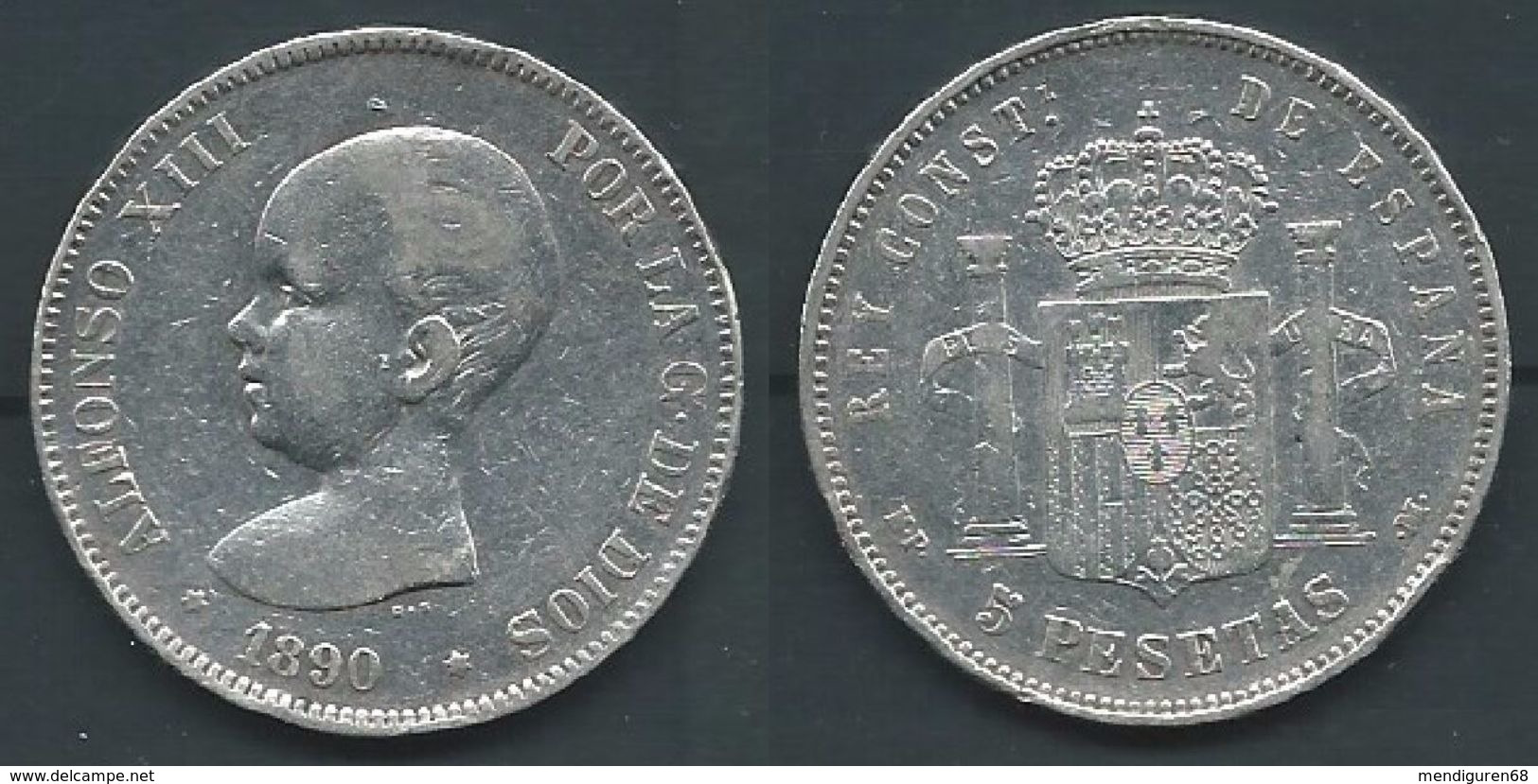 ESPAGNA SPANIEN SPAIN ESPAÑA 1890 MPM ALFONSO XIII 5 PESETAS SILVER PLATA - Collections