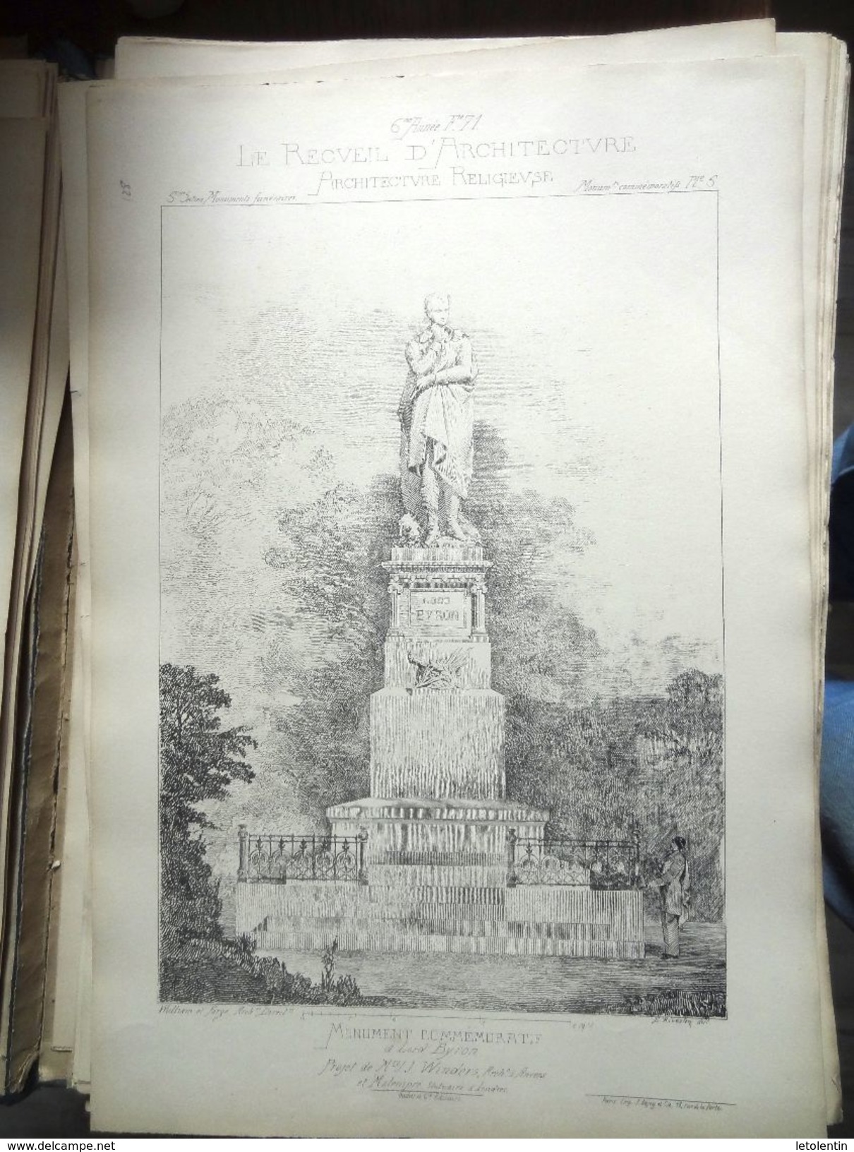 LE RECUEIL D'ARCHITECTURE 1874/77 -  # 128- MONUMENT COMMEMORATIF À LORD BYRON, PROJET DE Mrs J.J. WINDERS Architecte à - Architecture