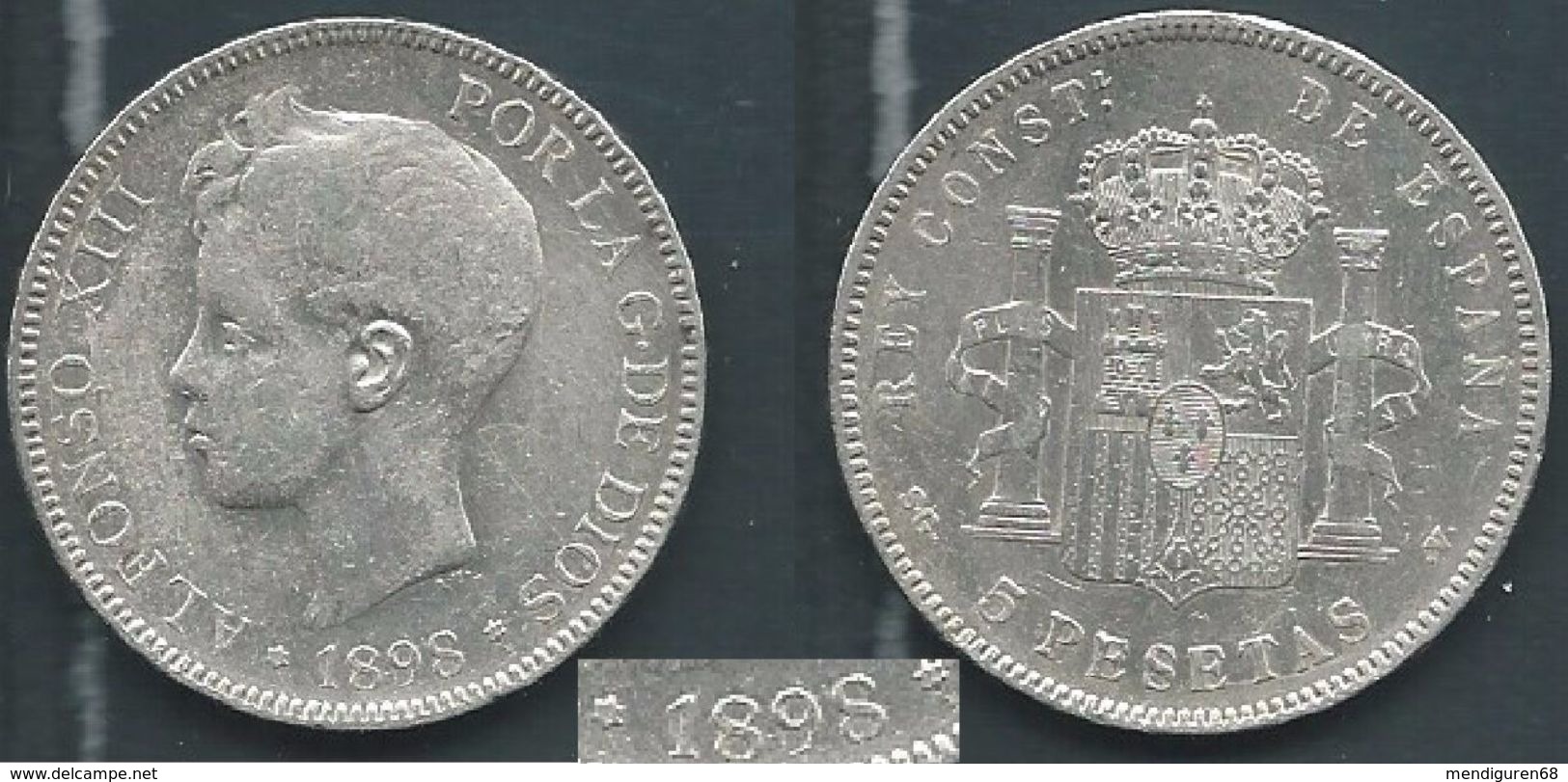 ESPAGNA SPANIEN SPAIN ESPAÑA 1898 ALFONSO XIII 5 PESETAS STARS ESTRELLAS 18-98 SGA SILVER - Collections