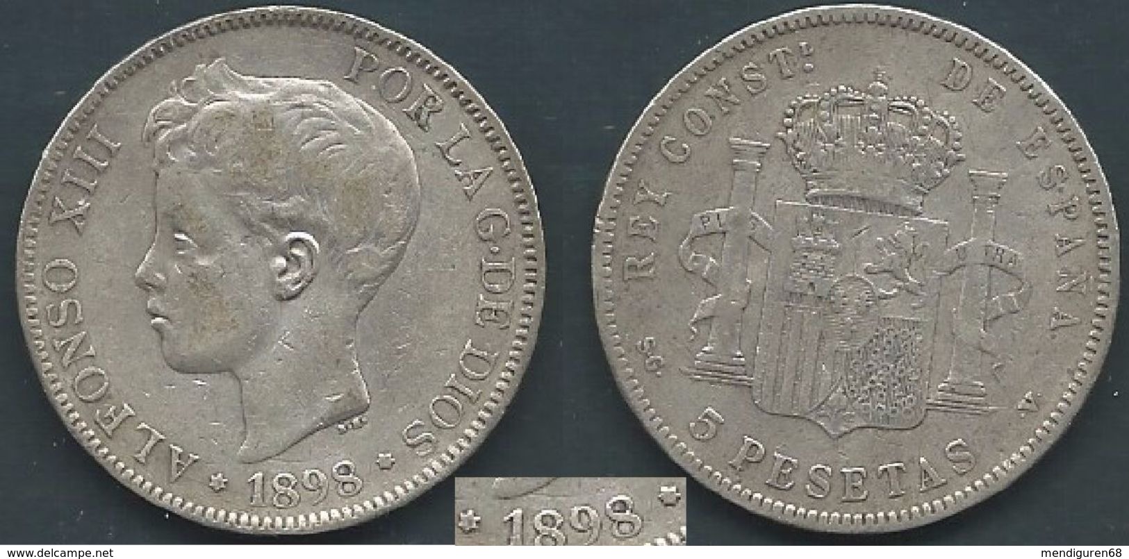 ESPAGNA SPANIEN SPAIN ESPAÑA 1898 ALFONSO XIII 5 PESETAS STARS ESTRELLAS 18-98 SGA SILVER - Collections