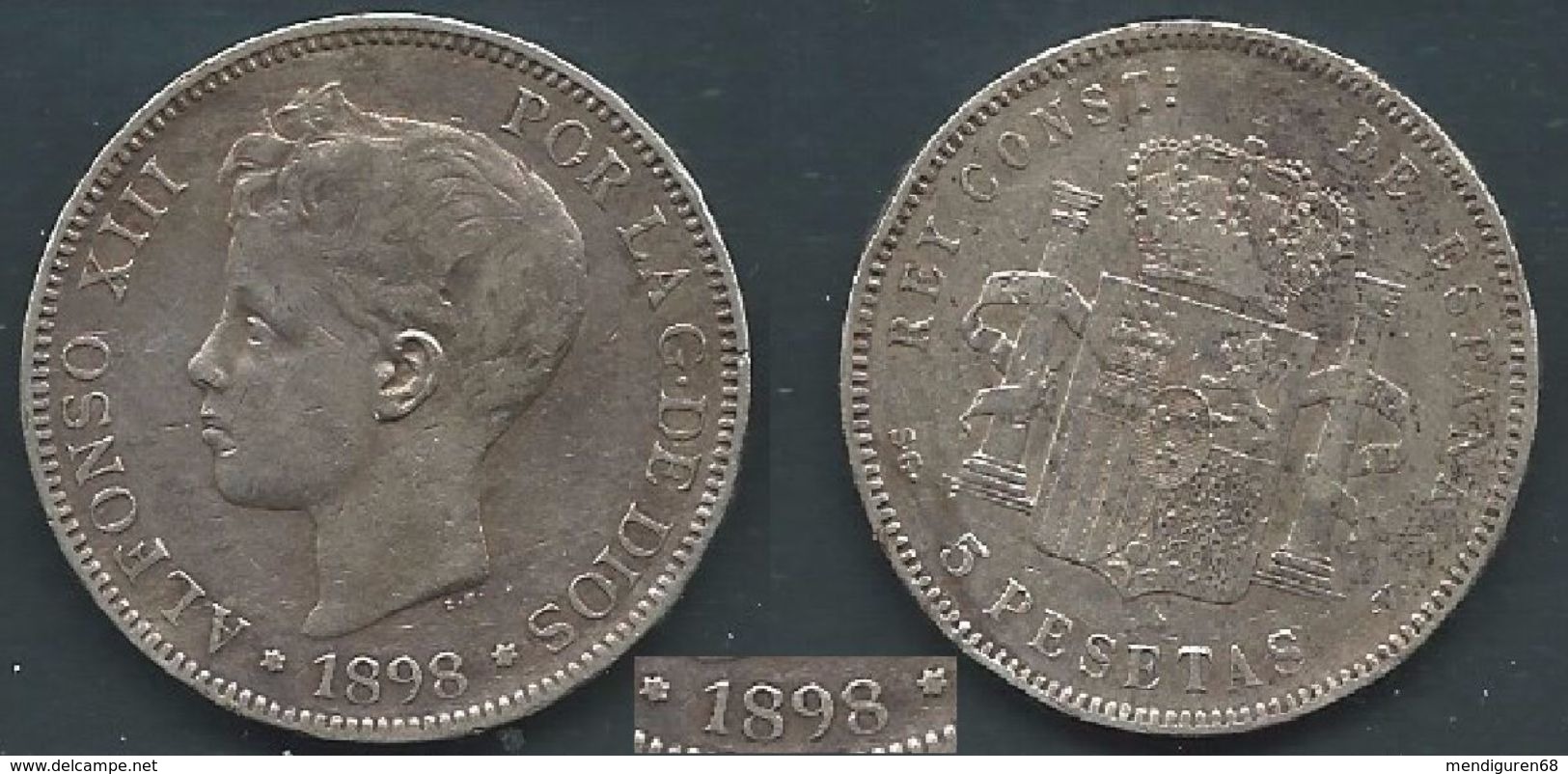 ESPAGNA SPANIEN SPAIN ESPAÑA 1898 ALFONSO XIII 5 PESETAS STARS ESTRELLAS 18-98 SGA SILVER - Colecciones