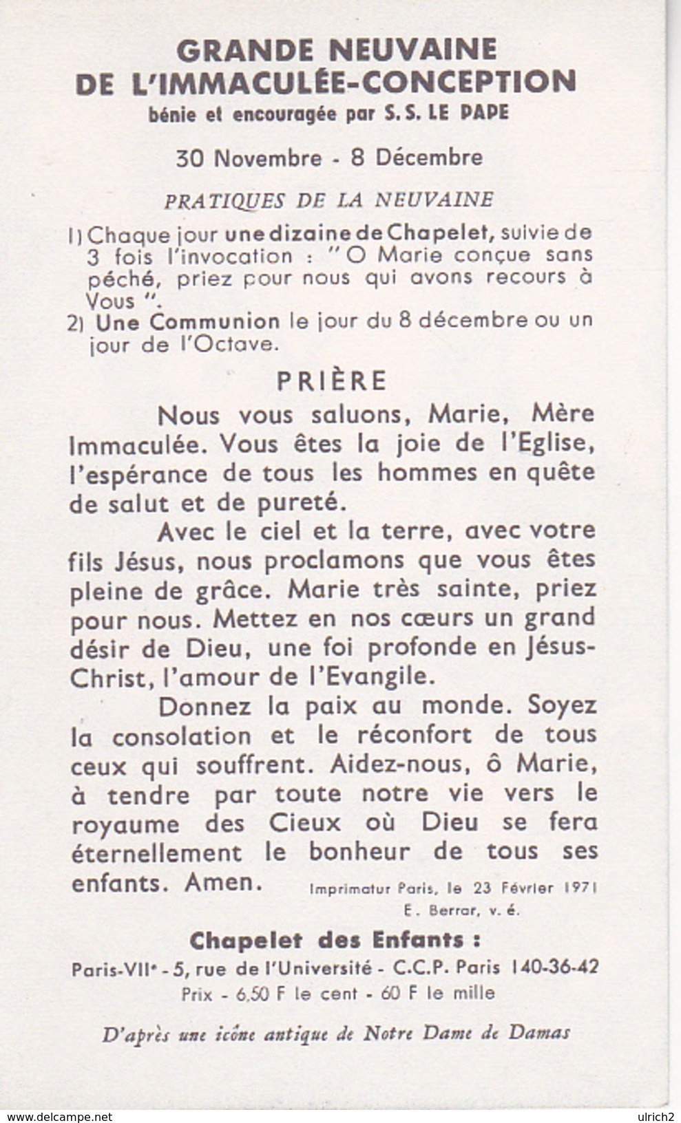 Andachtsbild - Image Pieuse - Grande Neuvaine De L'Immaculée-Conception - Chapelet Des Enfants - Paris - 7*11cm (29457) - Andachtsbilder