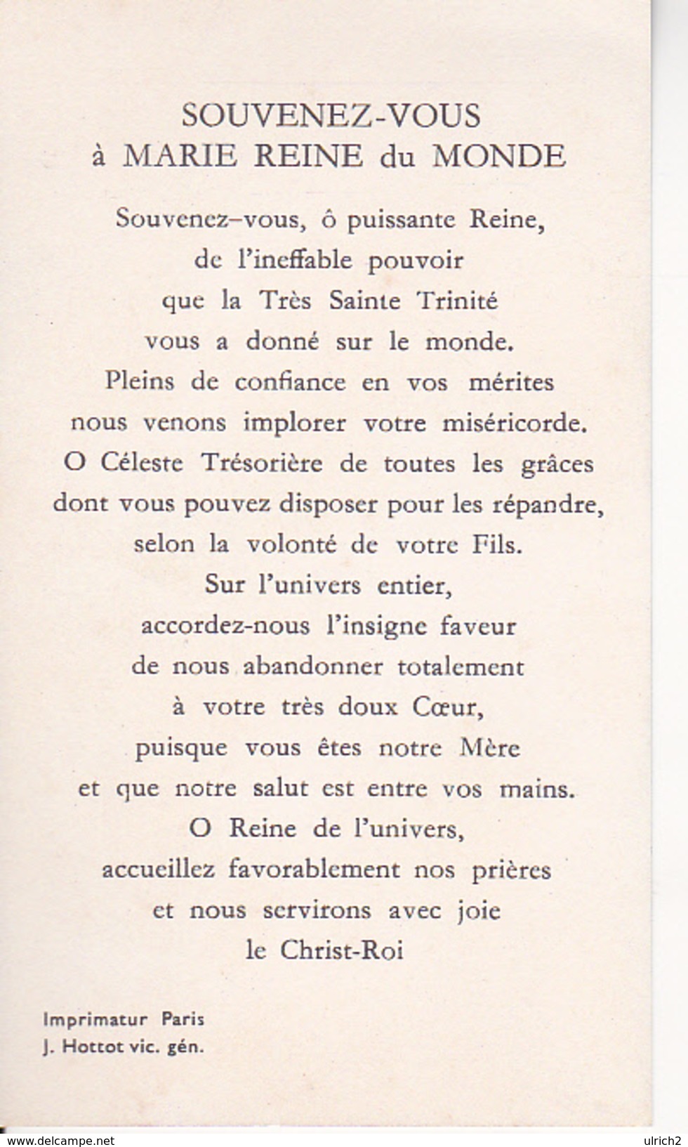 Andachtsbild - Image Pieuse - Souvenez-vous à Marie Reine Du Monde - Paris - 6*11cm (29458) - Andachtsbilder