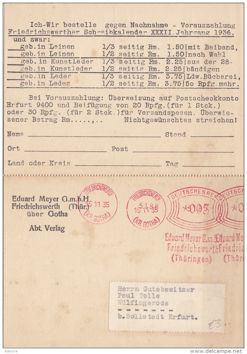 DEUTSCHES REICH 1935 - Doppelseitiger Verlagspostkarte Mit Postwertaufdruck Gel.von Friedrichswerth über Gotha Nach ... - Briefe U. Dokumente