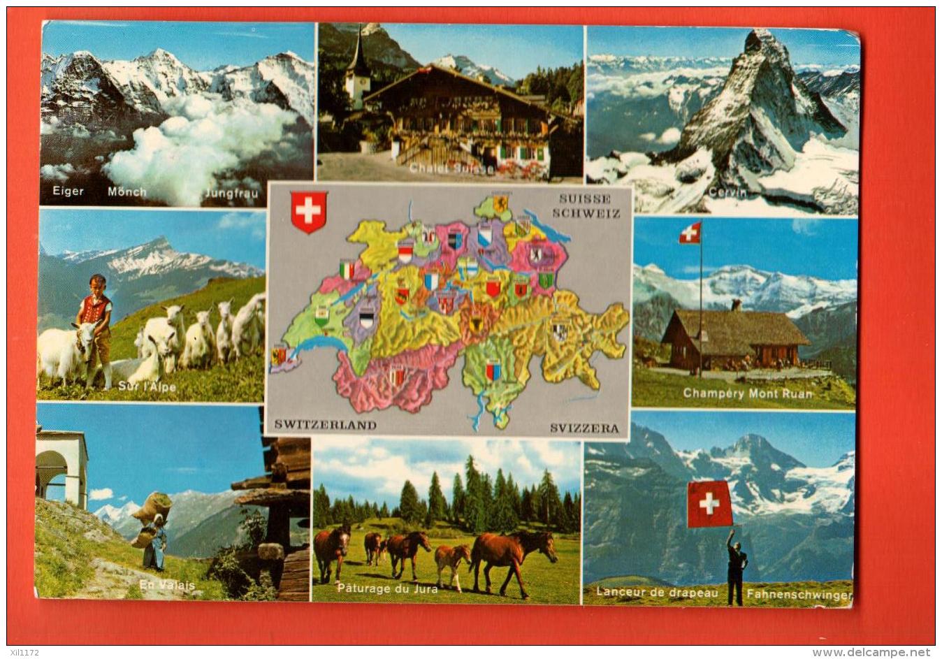 EAI-24  Multivues De La Suisse, Matterhorn, Chevaux, Chèvres, Lanceur De Drapeau. Circulé En 1972, Timbre Manque - Matt