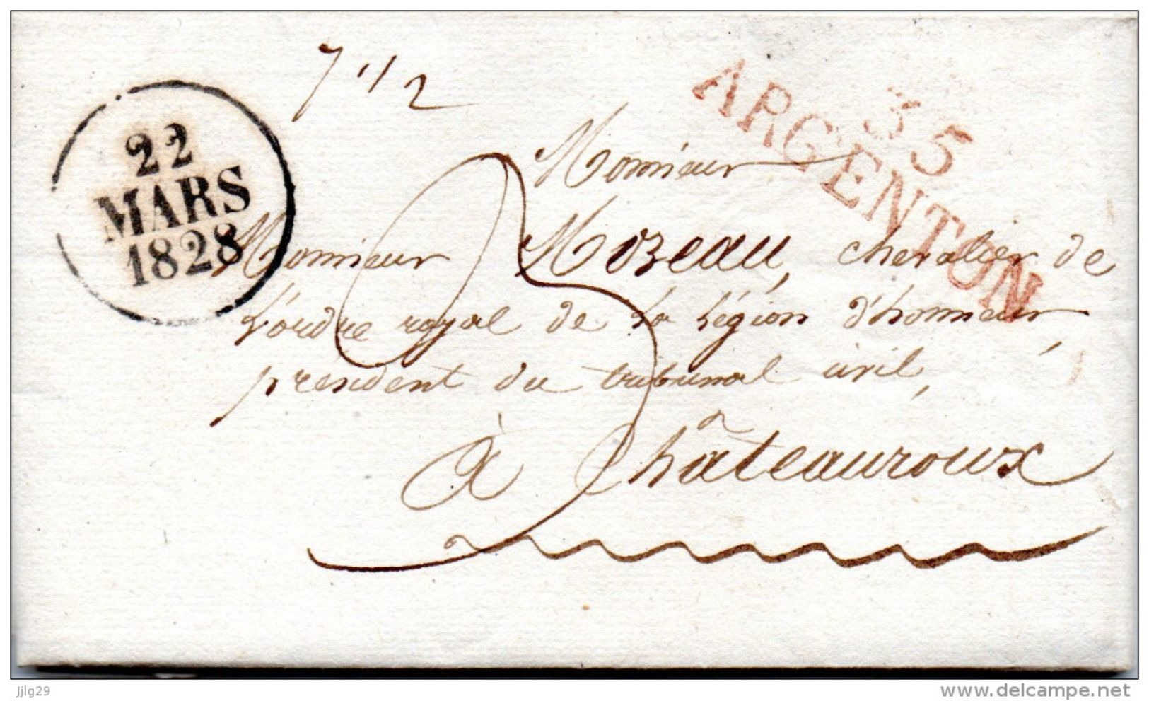 Lettre 35 ARGENTON  (rouge) 1828, Pour Châteauroux 2 Scans - 1801-1848: Précurseurs XIX