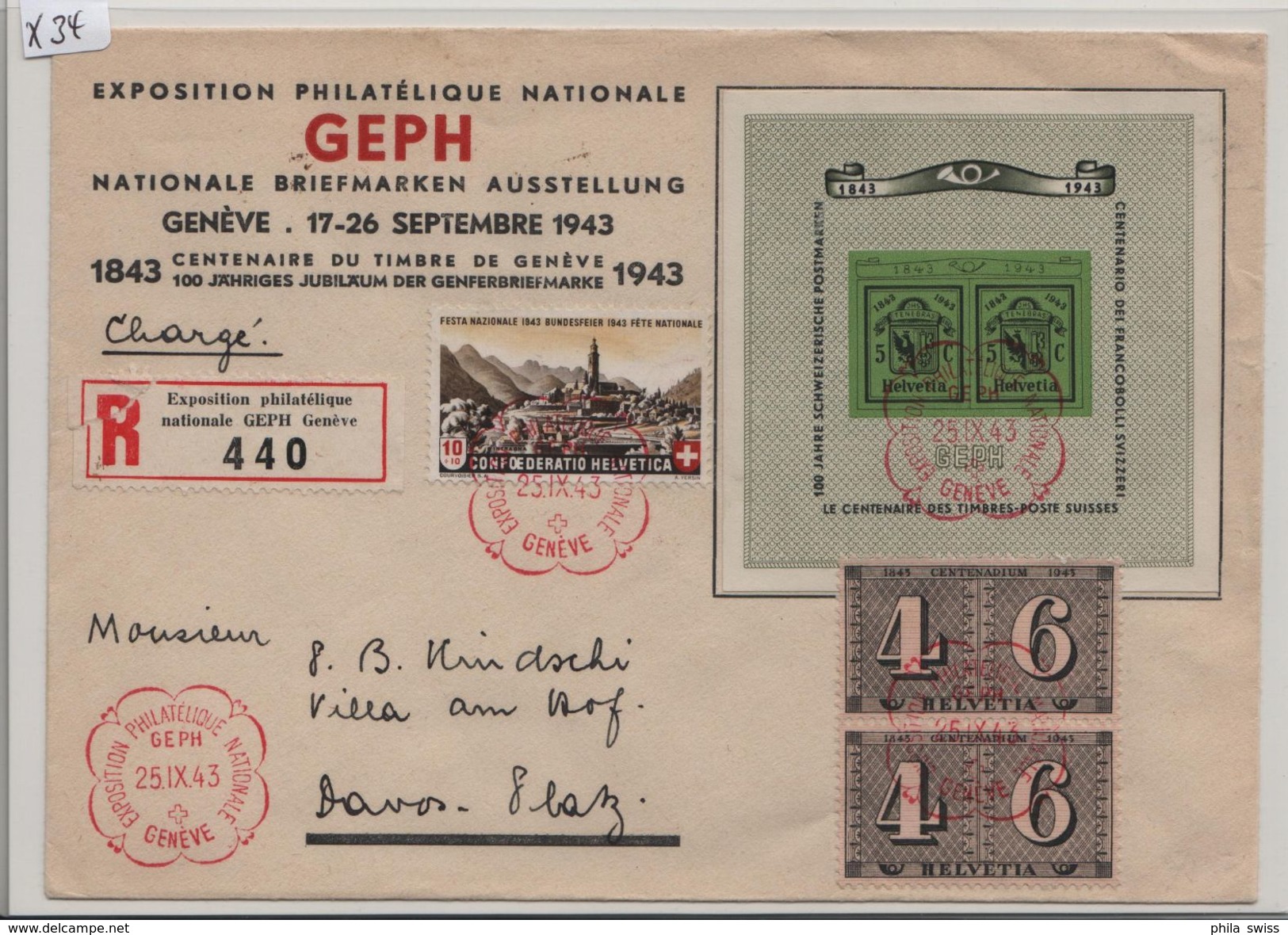 1943 Genfer Block Bloc GEPH Expo Charge Geneve To Davos-Platz W18/Bl. 10 25.IX.43 - Blocks & Sheetlets & Panes