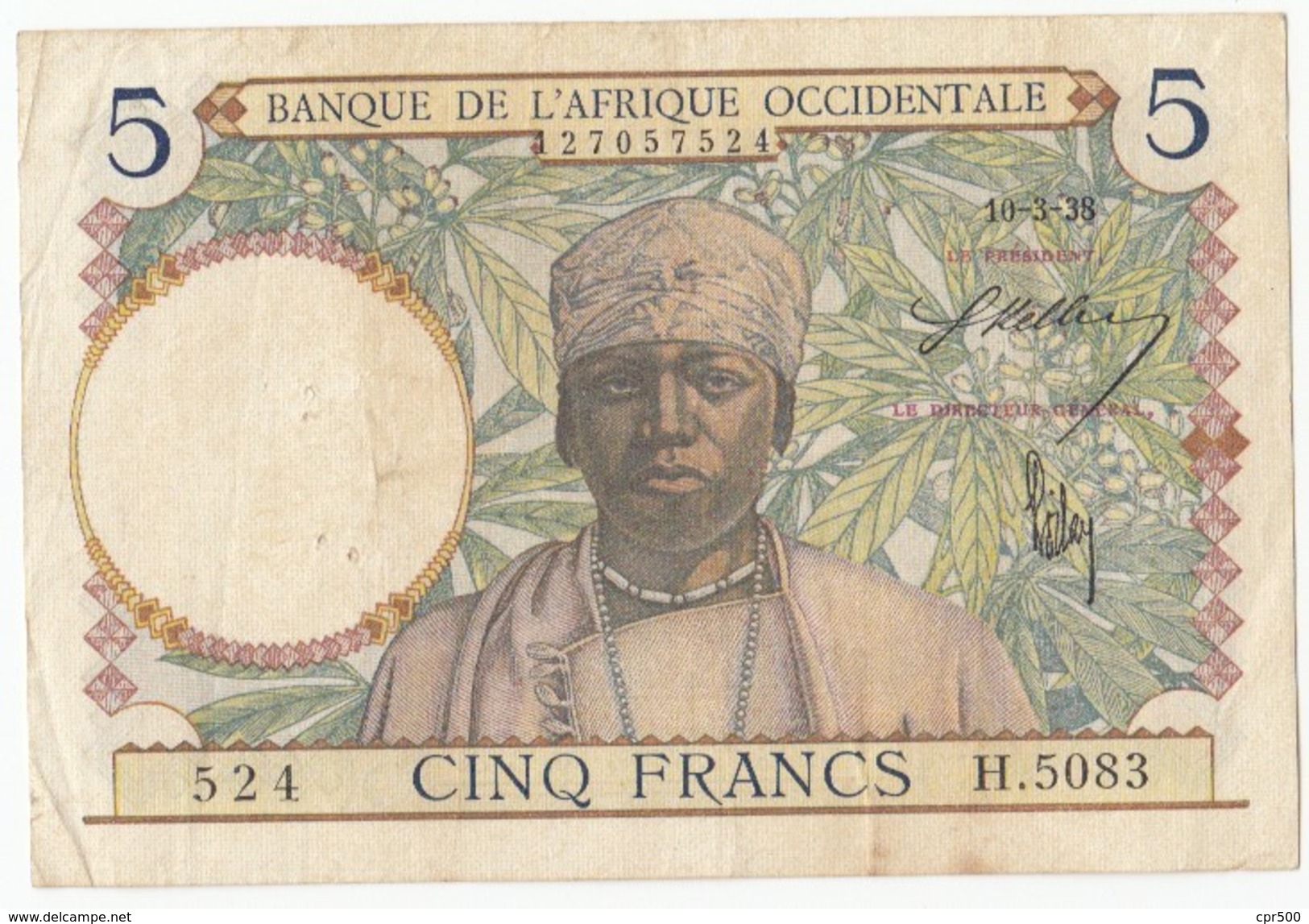 5 Francs, Banque De L'Afrique Occidentale, 1938, Pick 21-2, H.5083, 10/03/1938, TB - Other - Africa