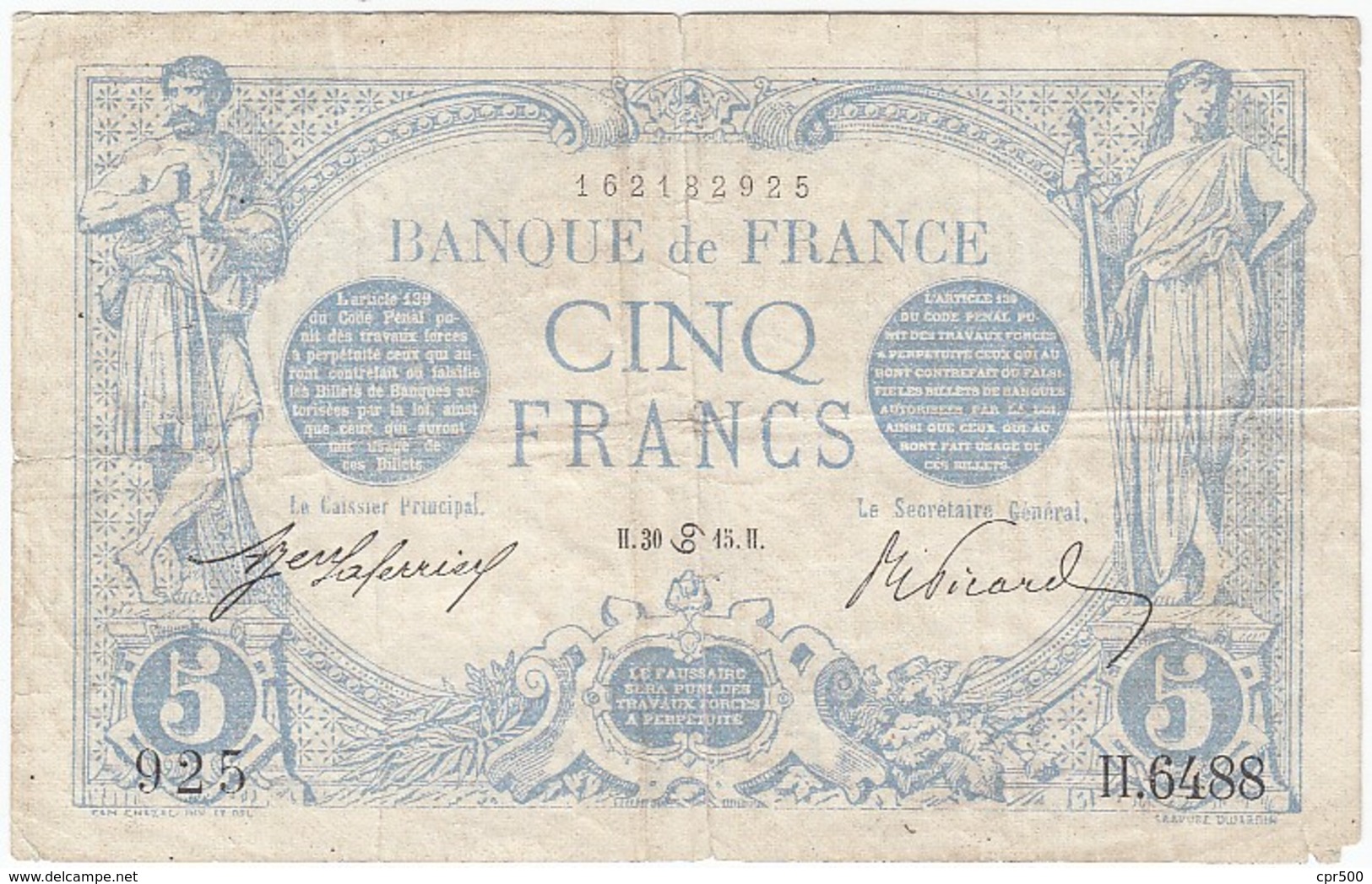 5 Francs, Bleu Type 1905, P.70, F2/28, H.6488, 30/06/1915, B - 5 F 1912-1917 ''Bleu''