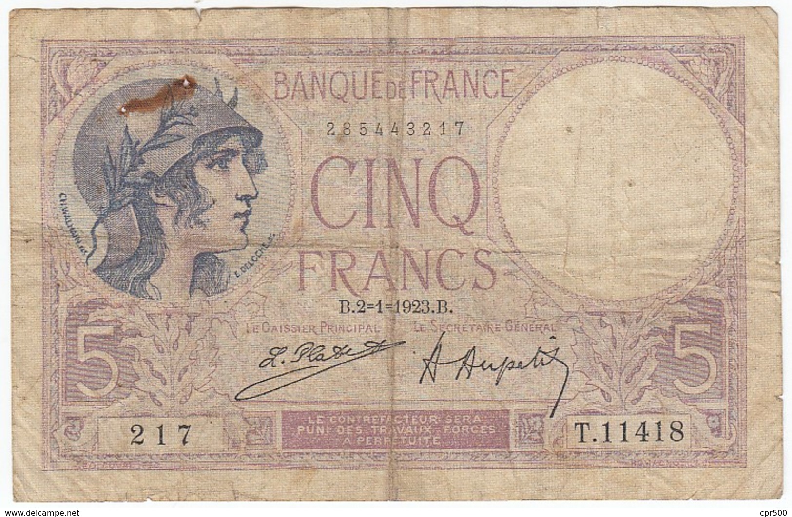 5 Francs, Violet Type 1917, P.72, F3/07, T.11418, 02/01/1923, B- - 5 F 1917-1940 ''Violet''