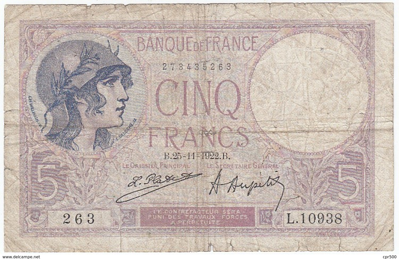5 Francs, Violet Type 1917, P.72, F3/06, L.10938, 25/11/1922, B - 5 F 1917-1940 ''Violet''