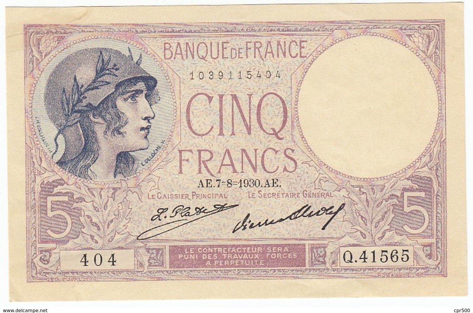 5 Francs, Violet Type 1917, P.72, F3/14, Q.41565, 07/08/1930, TB - 5 F 1917-1940 ''Violet''