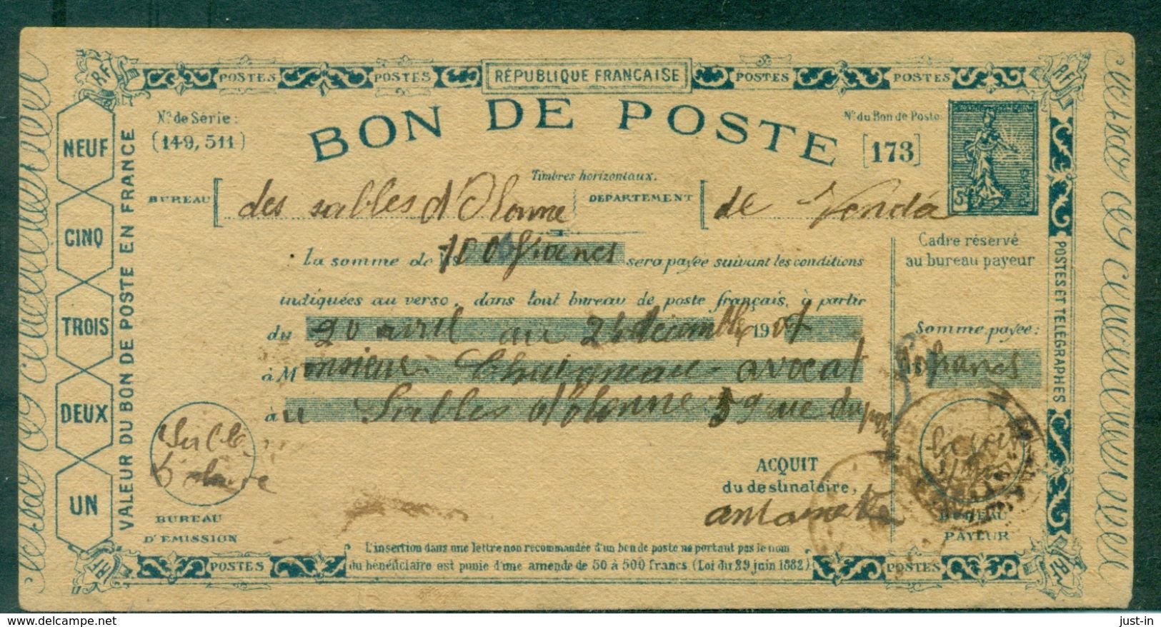 FRANCE POSTE ENFANTINE BON DE POSTE SEMEUSE 5C RARE - Pseudo-entiers Privés