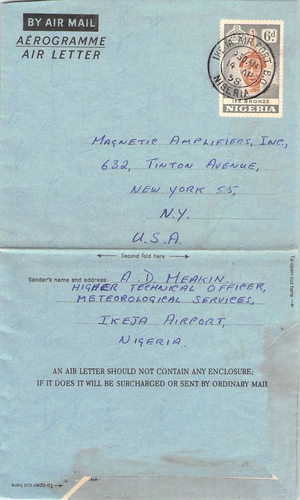 NIGERIA - AEROGRAMME 1958 IKEJA AIR PORT -> NEW YORK - Nigeria (...-1960)