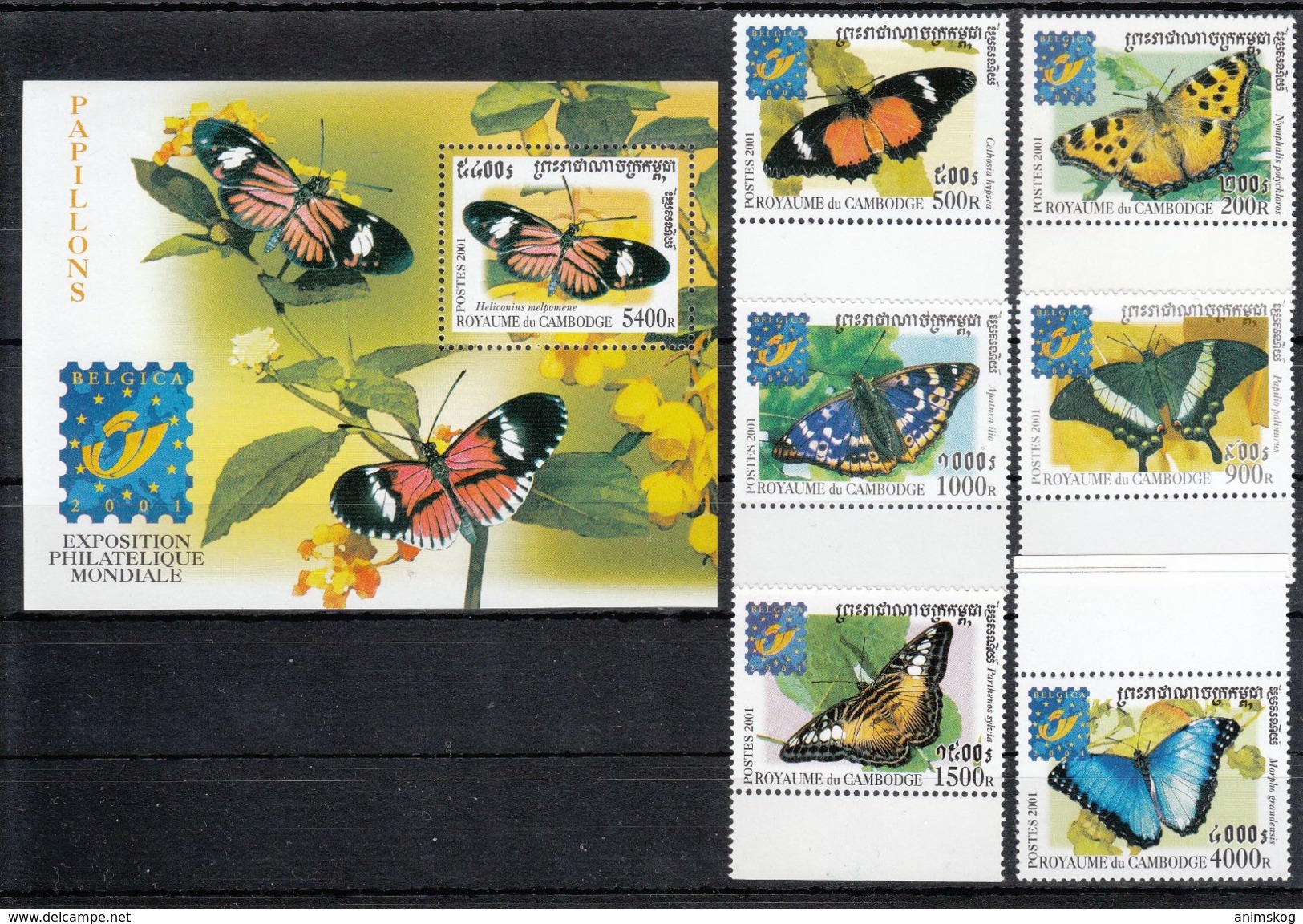 Kambodscha 2001**, BELGICA '01: Schmetterlinge, Kaktus / Cambodia 2001, MNH, BELGICA '01: Butterflies, Kaktus - Cactusses