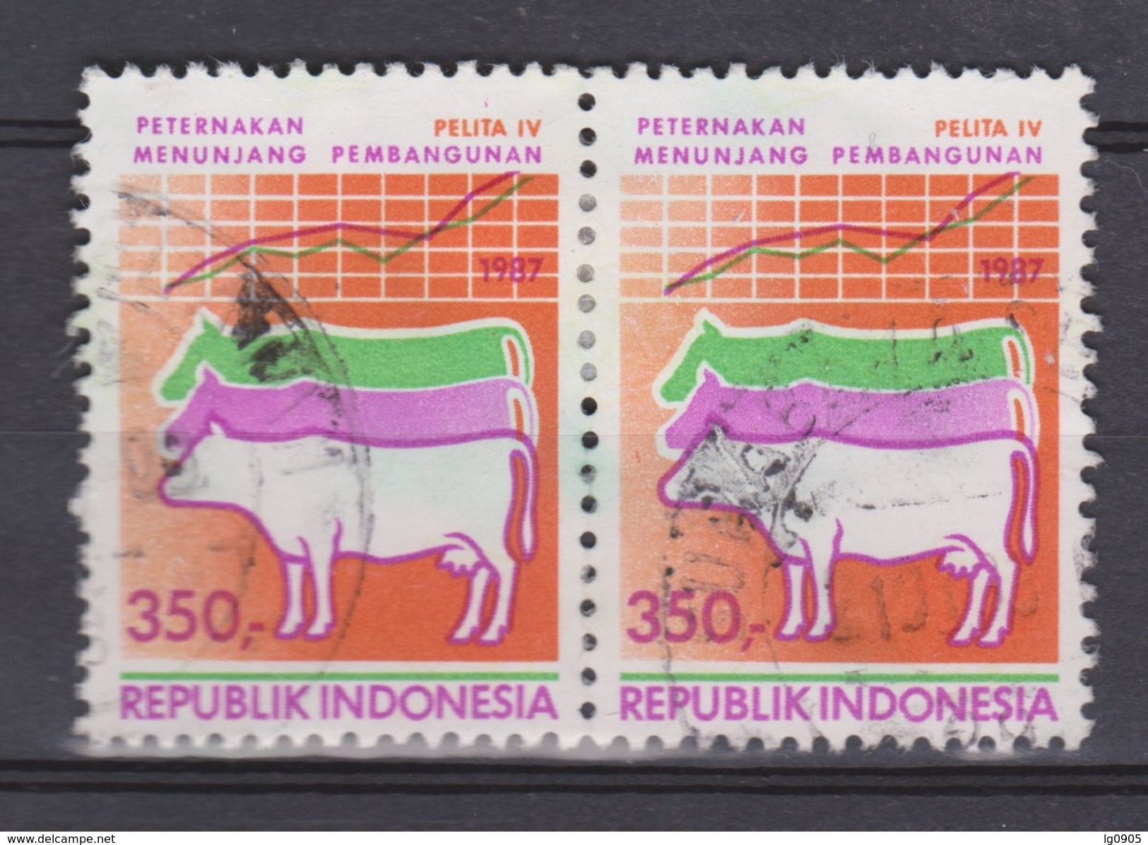 Indonesie, Indonesia 1285 Pair Used ; Koe, Cow, La Vache, Vaca 1987 NOW MANY STAMPS OF ANIMALS - Koeien