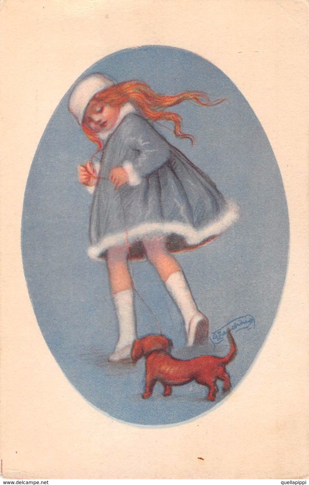 06125 "BAMBINA CON CAGNOLINO" FIRMATA ILLUSTRATORE ADELINA ZANDRINO 1893-1994. CART  SPED - Zandrino