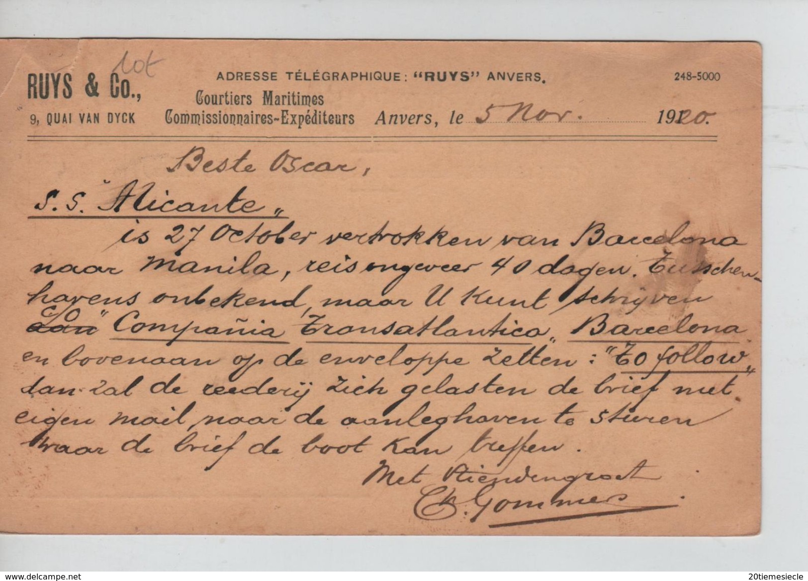 TP Albert 1er 15c S/CP Ruys&Co C.Antwerpen En 1920 Perforé O & ? V.E/V AP1077 - 1909-34