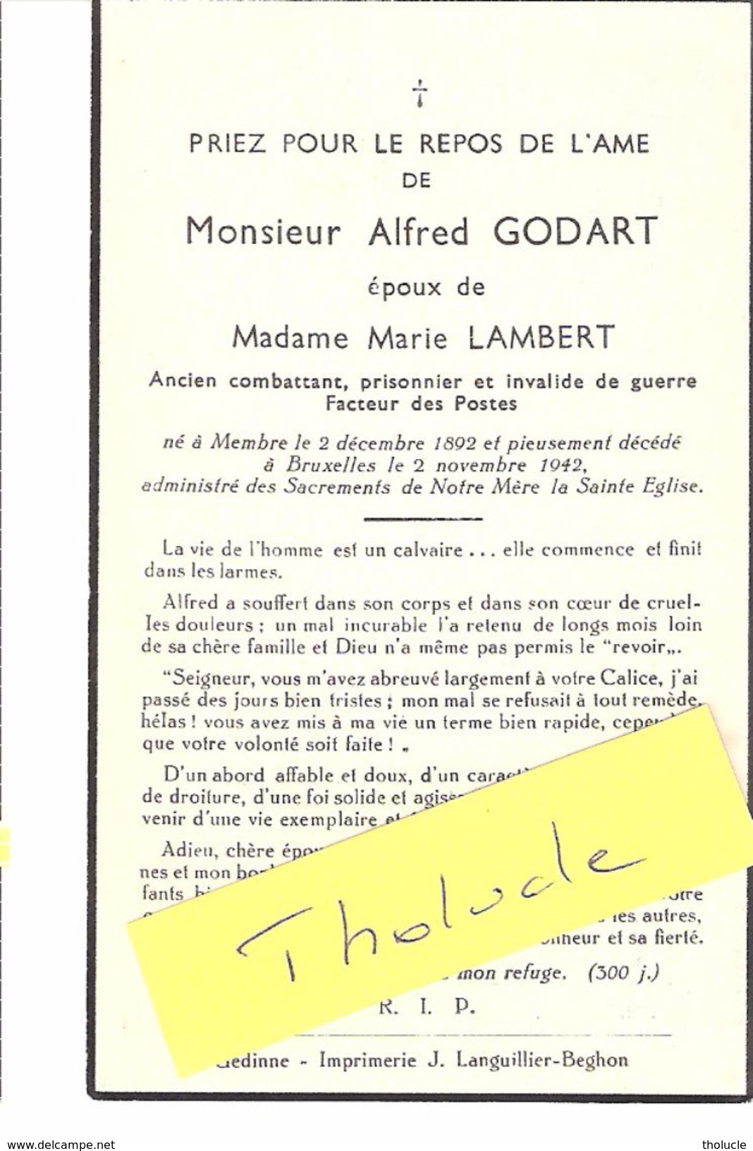 Faire Part De Décès De Mr Alfred Godart (Membre-sur-Semois-1892-1942)-Ancien Combattant-Prisonnier-Invalide De Guerre... - Avvisi Di Necrologio