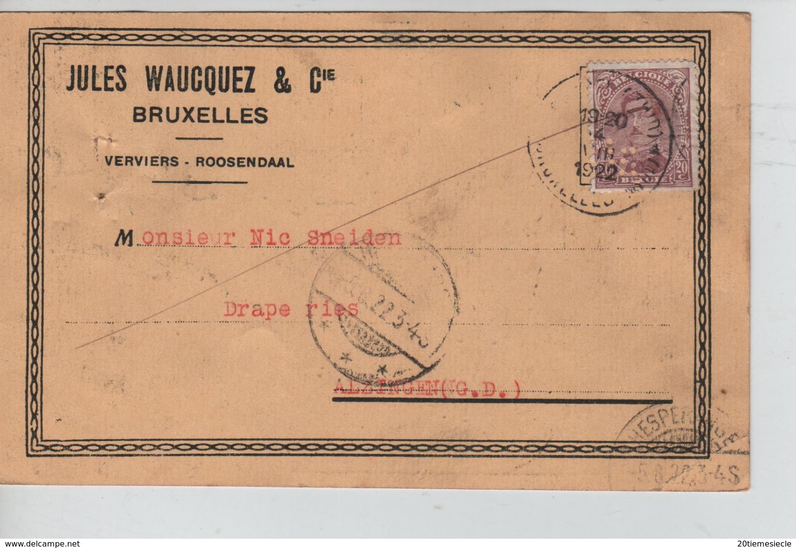 TP Albert 1er 20c S/CP Publcitaire J.Waucquez En 1922 Perforé V.Grand Duché AP1079 - 1909-34