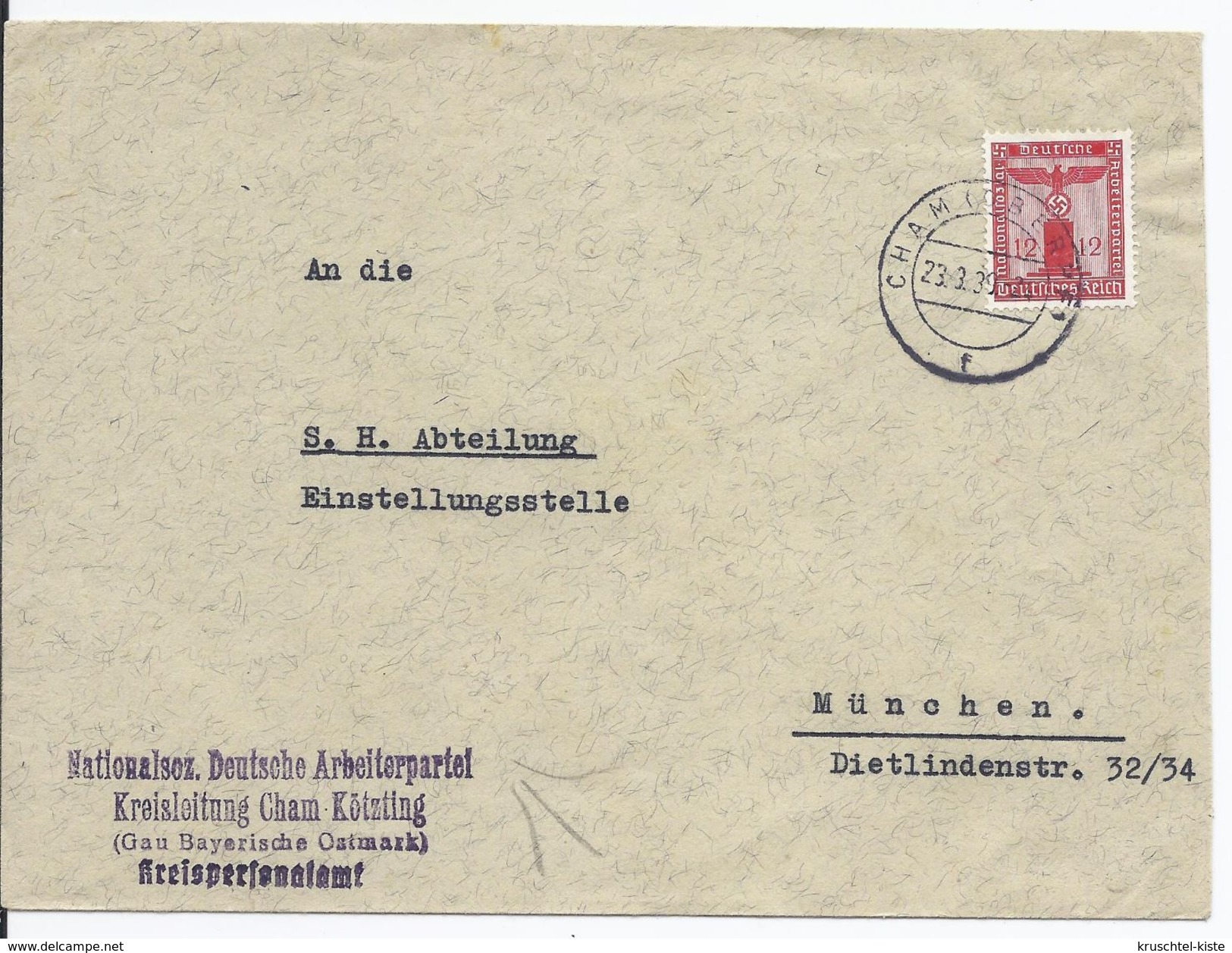 DT- Reich (000638) Propagandabrief NSDAP Kreisleitung Cham Kötzing Gau Bayrische Ostmark, Gelaufen Am 23.3.1939 - Covers & Documents