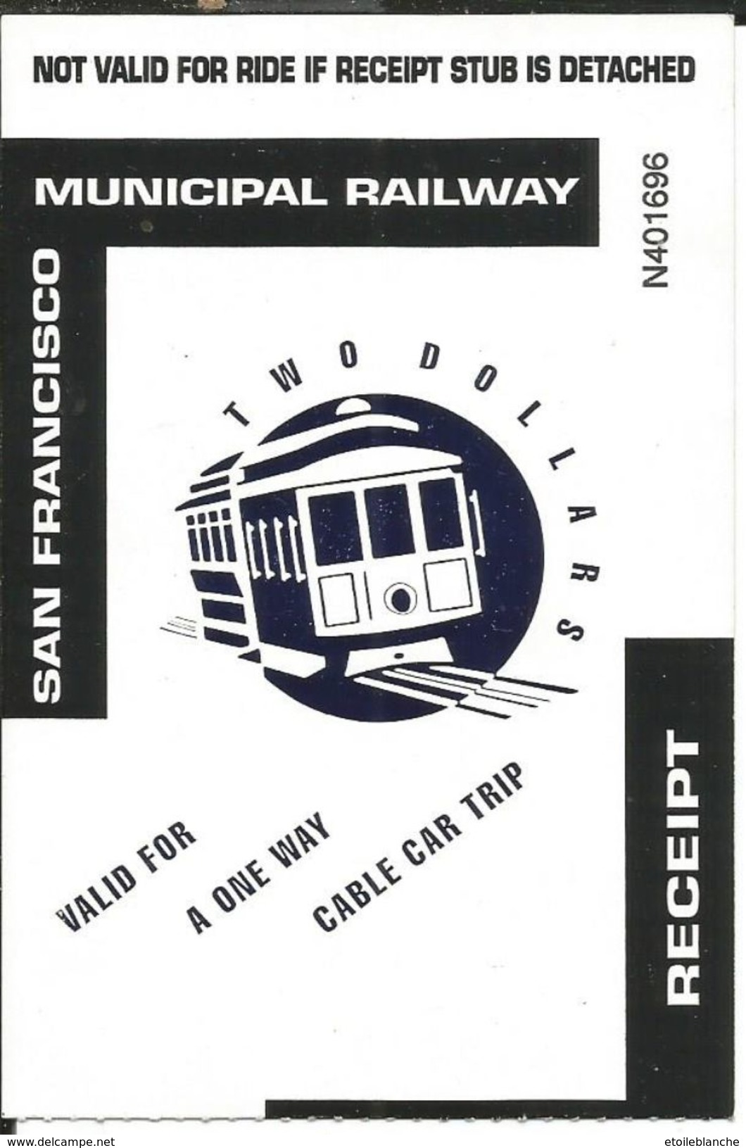 Ticket USA, Cable-Car, San Francisco Municipal Railway (Californie) One Way - Two Dollars - Chemin De Fer, Rails - Mondo