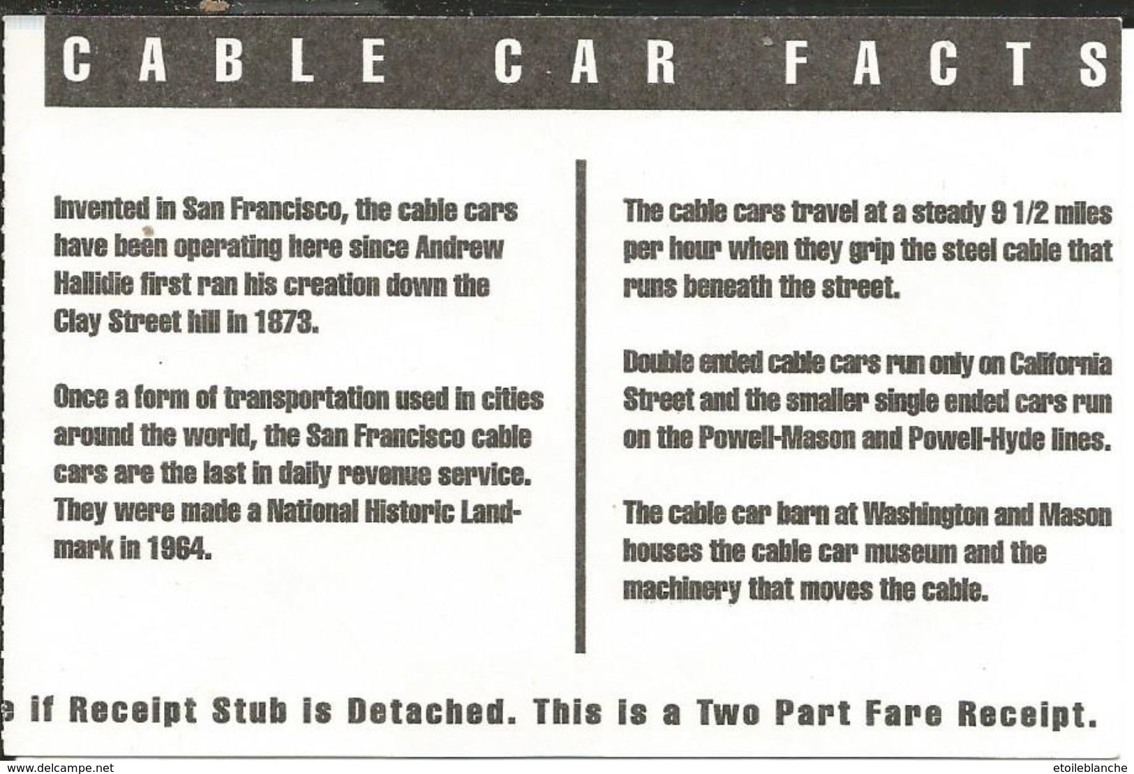 Ticket USA, Cable-Car, San Francisco Municipal Railway (Californie) One Way - Two Dollars - Chemin De Fer, Rails - Mondo