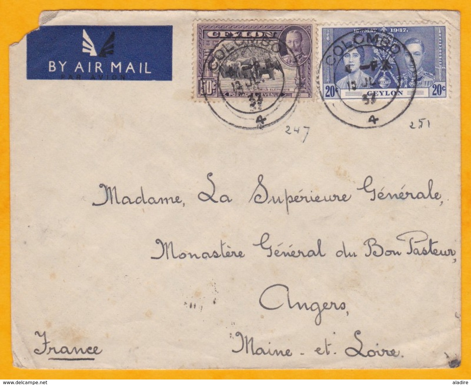 1937 -   Enveloppe Par Avion De Colombo, Ceylan, GB Vers Angers, France - Affrt 70 C - Cad Arrivée OMEC - Ceylan (...-1947)