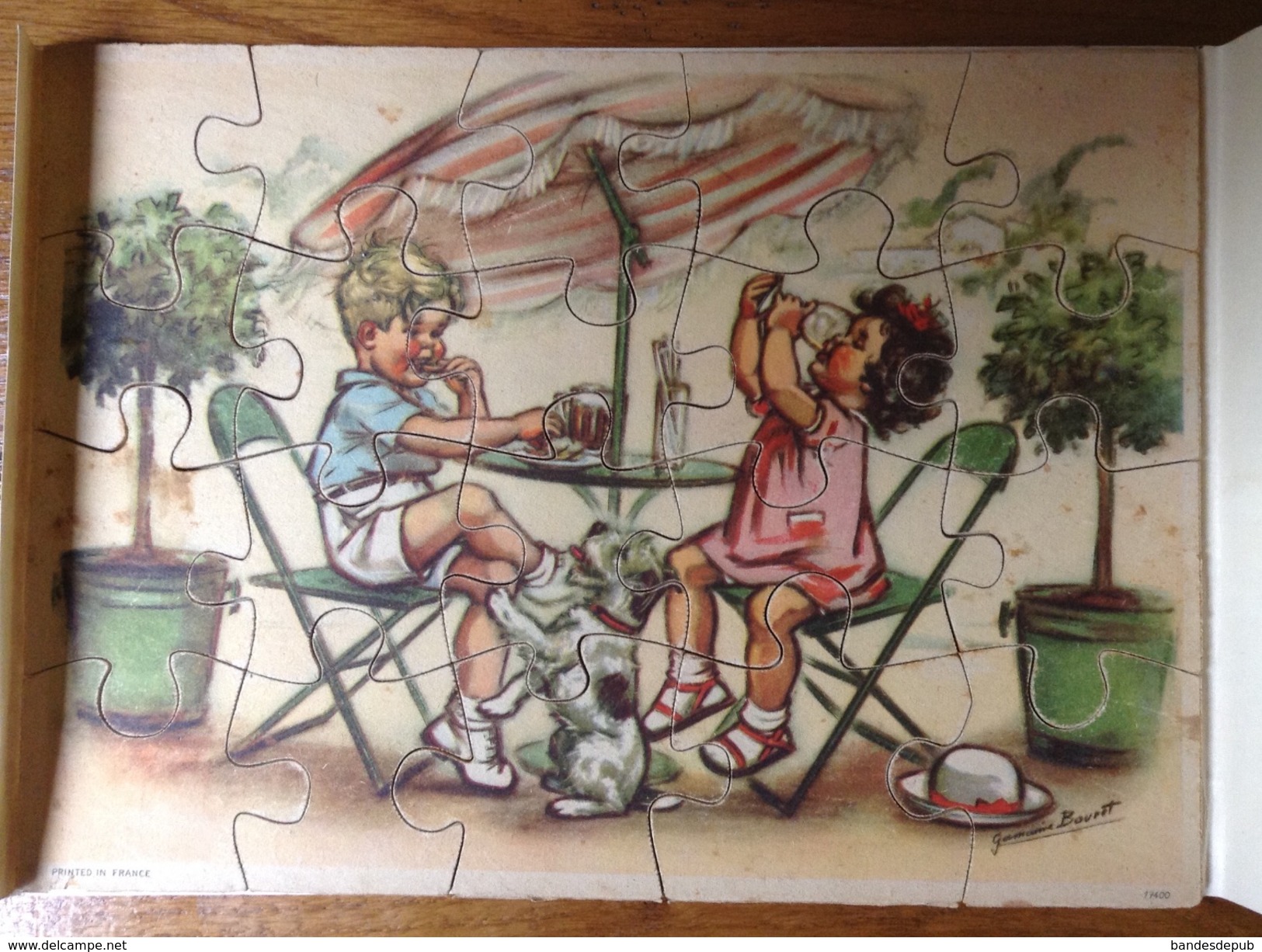 Rare Puzzle En Bois Illustrateur Germaine Bouret Enfants Boisson été Parasol 16 Pièces  24,5 Cm X 17,8 Cm - Bouret, Germaine