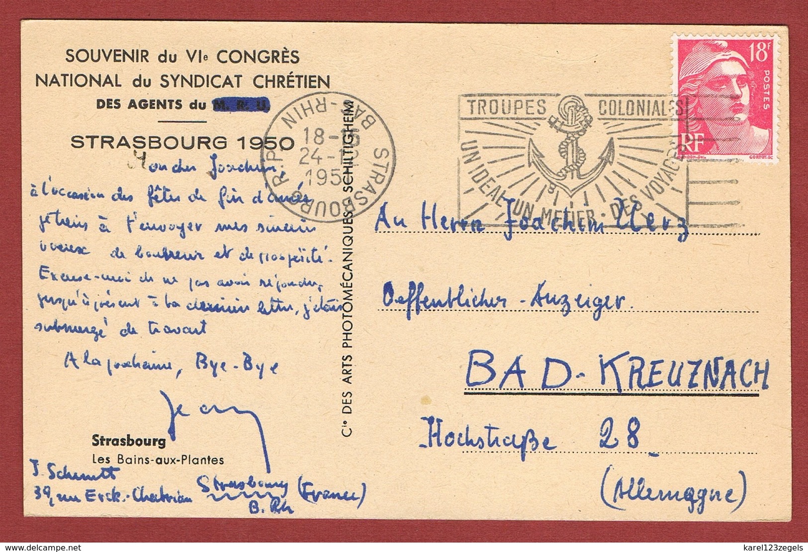 Slogan Troupes Coloniales Cachet à Date Renversé Strasbourg 1950 - Militaria