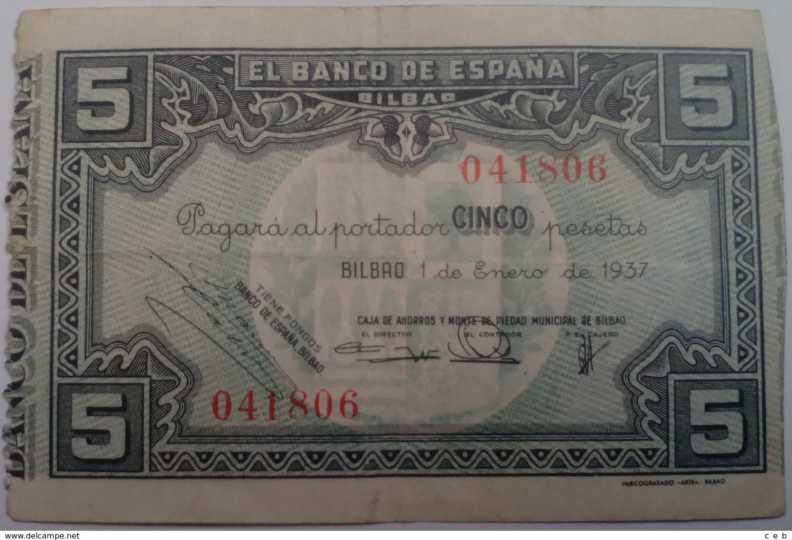 Billete 5 Pesetas. 1937. Bilbao. República Española. Guerra Civil. Sin Serie Caja De Ahorros Y Monte De Piedad Municipal - 5 Pesetas