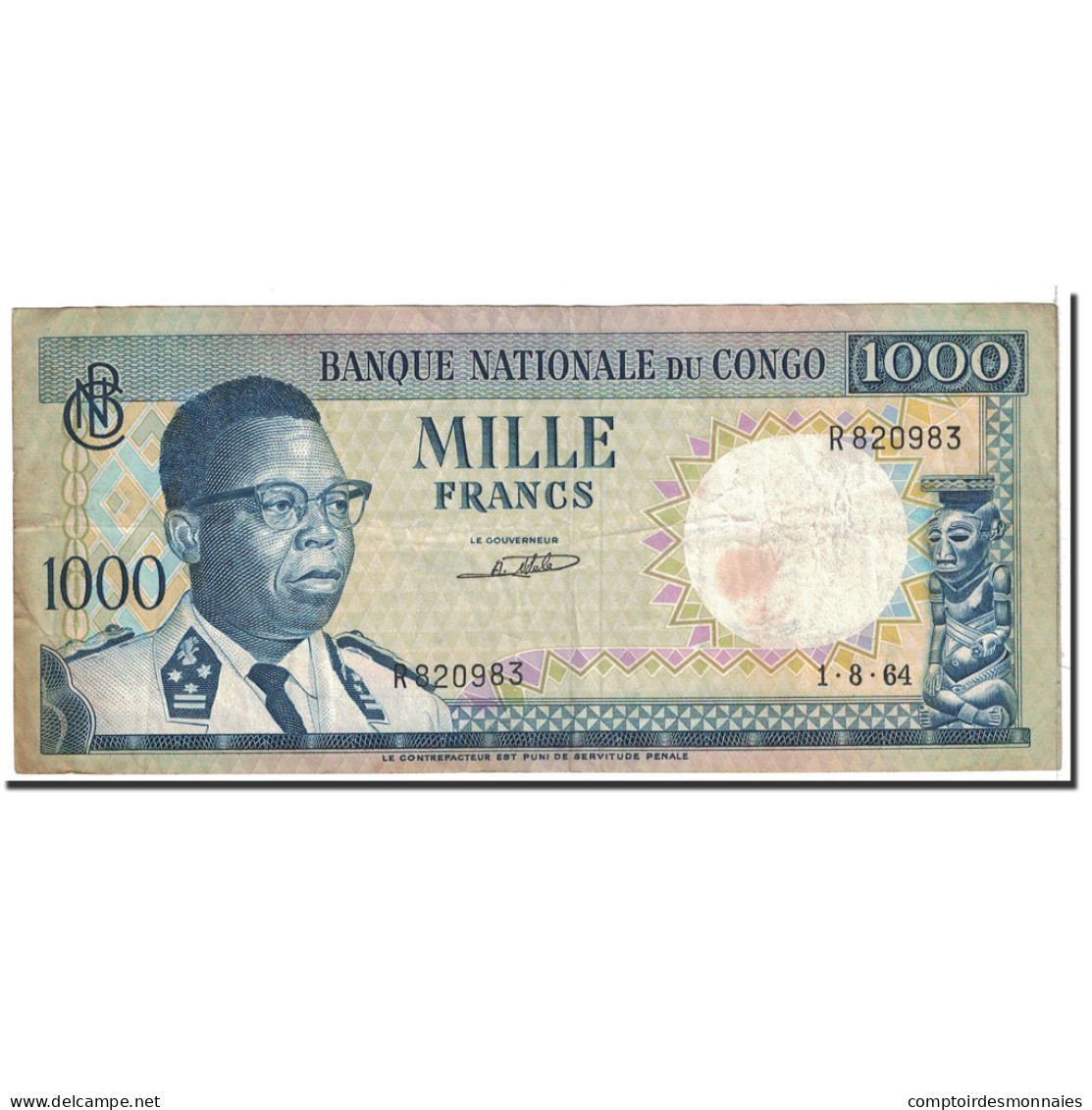 Billet, Congo Democratic Republic, 1000 Francs, 1964, 1964-08-01, KM:8a, TTB - República Democrática Del Congo & Zaire