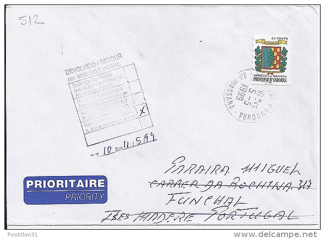 TP N° 512 SUR LETTRE  DU 5.5.99 POUR L'ILE MADERE/PORTUGAL - Briefe U. Dokumente