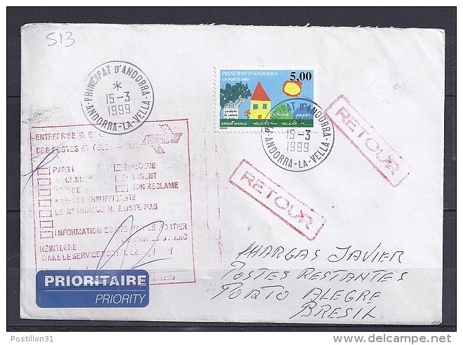 TP N° 513 SUR LETTRE DU 15.3.99 POUR LE BRESIL - Briefe U. Dokumente