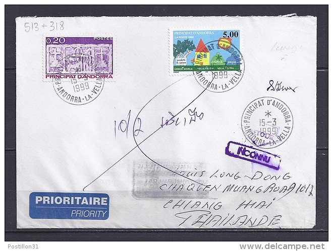 TP N° 513+318 SUR LETTRE DU 15.3.99 POUR LA THAILANDE - Lettres & Documents