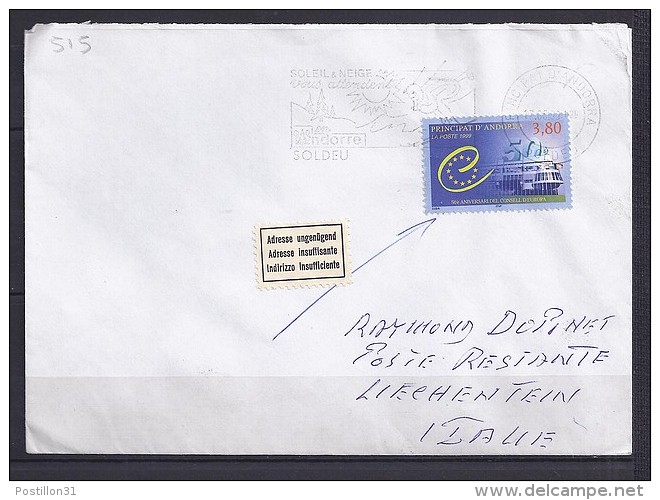 TP N° 515 SUR LETTRE DU 17.5.99 POUR LE LIECHTENTEIN - Storia Postale