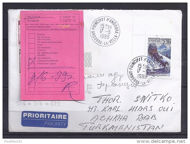 TP N° 516 (+317/322) SUR LETTRE  DU 17.5.99 POUR LE TURKMENISTAN - Storia Postale