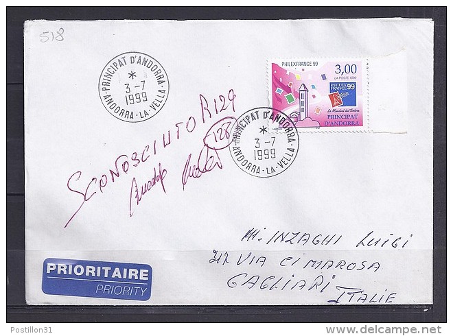 TP N° 518  SUR LETTRE DU 3.7.99 POUR L'ITALIE - Cartas & Documentos
