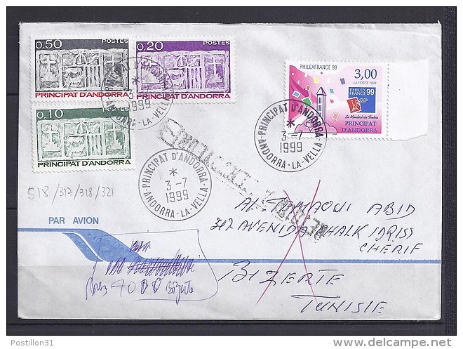 TP N° 518 (+317/318/321) SUR LETTRE DU 3.7.99 POUR LA TUNISIE - Storia Postale